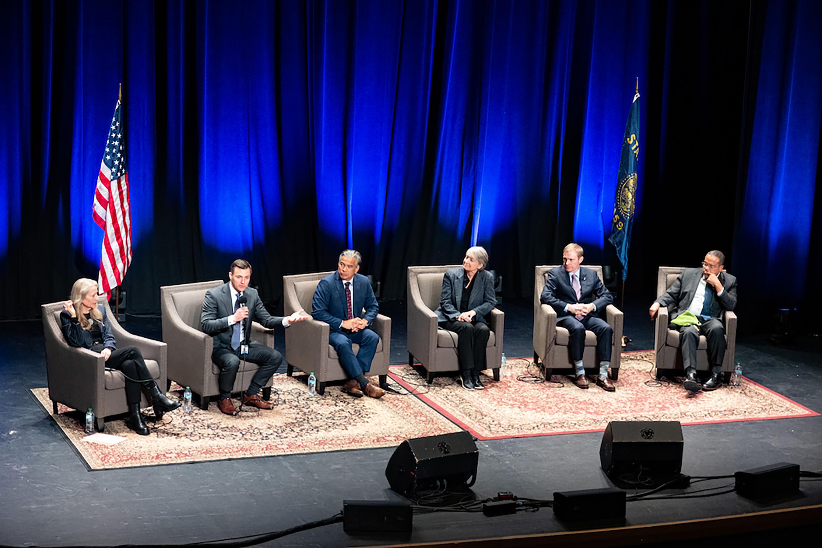 Author Cheryl Strayed moderates a panel in Portland, Ore., with...