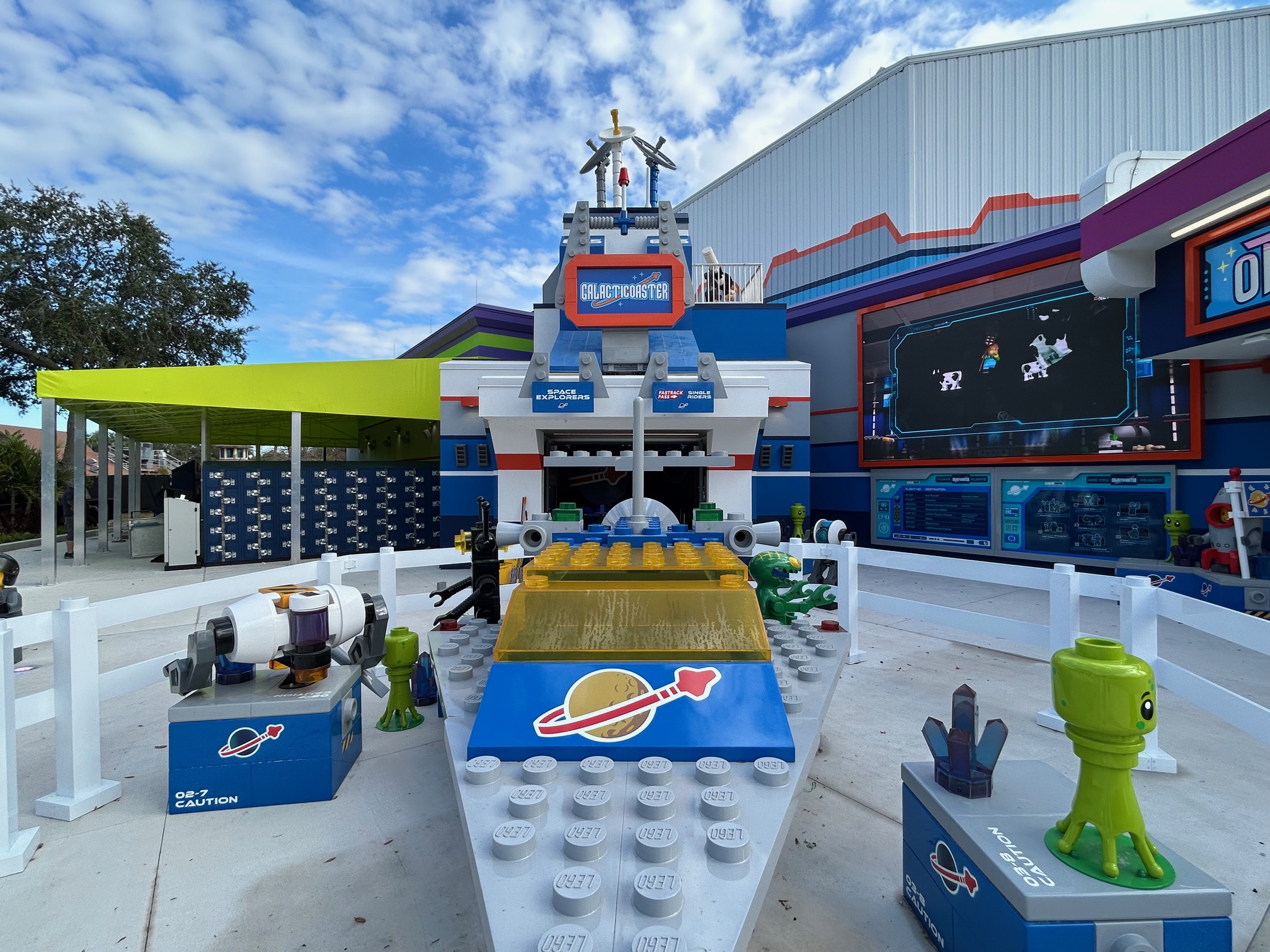 The exterior of Galacticoaster includes a re-creation of actual Lego playsets with space themes. The coaster opens at Legoland Florida on Feb. 27. (Dewayne Bevil/Orlando Sentinel)